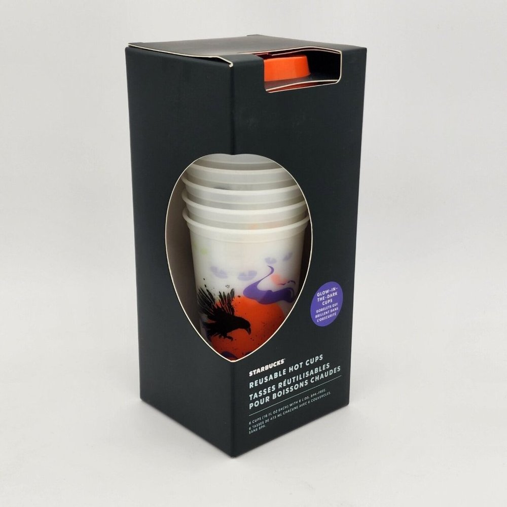 Starbucks Halloween 2022 Set of 6 Reusable Glow In The Dark Hot Cups NEW in Box
